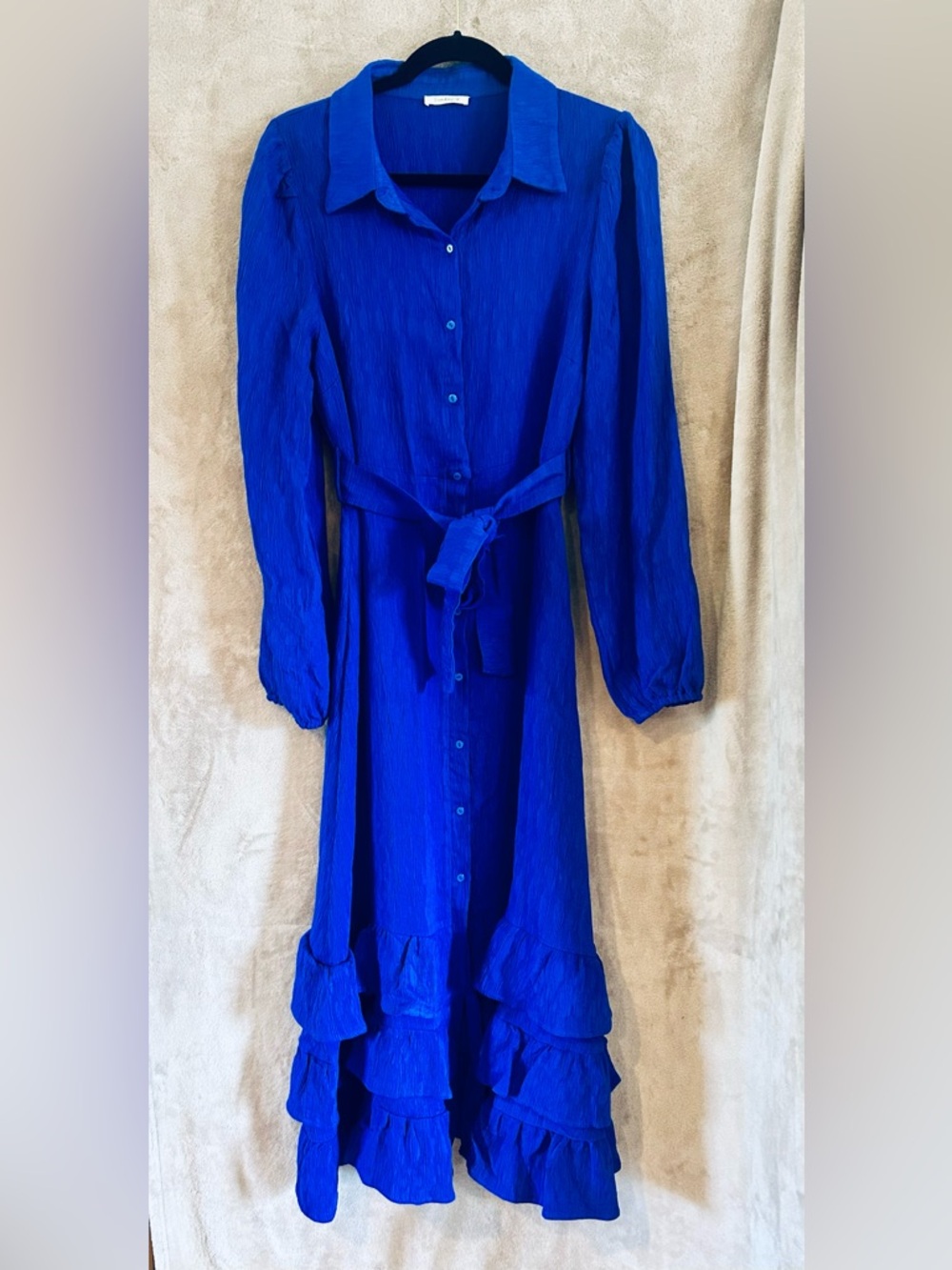 Sunday Up Blue Midi Dress L Belted Button Front Ruffle Hem Flowy Statement Dress